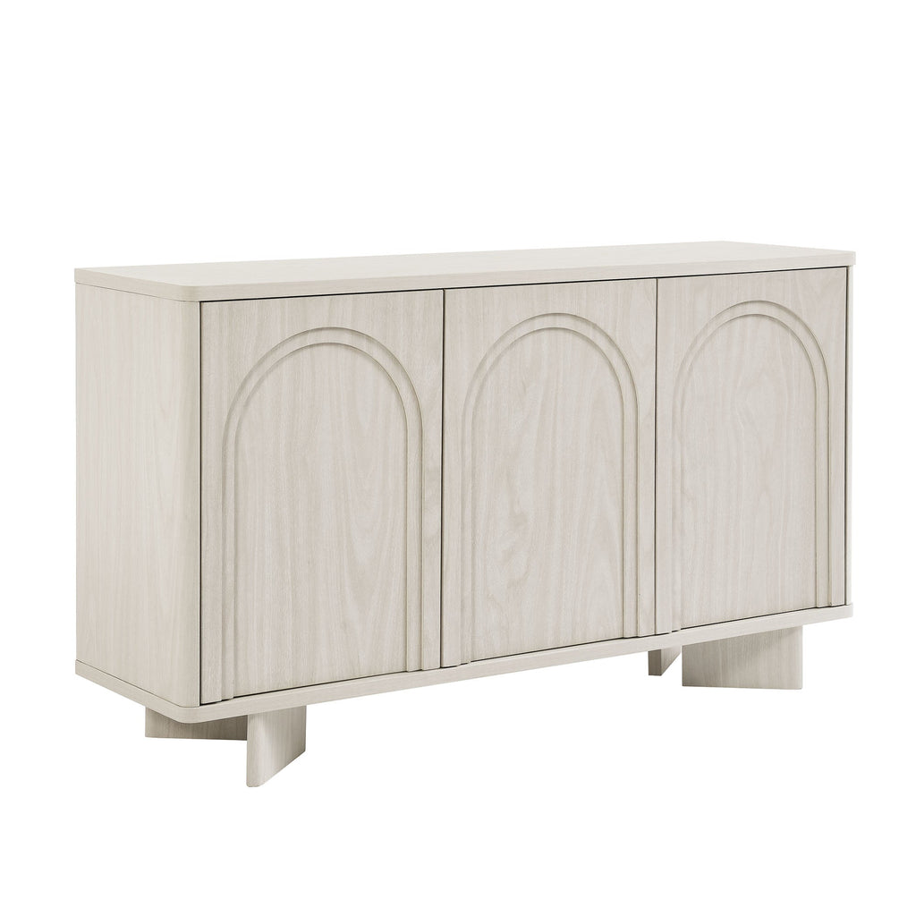 Arched 3-door sideboard storage cabinet in white wash finish with three cabinet doors.