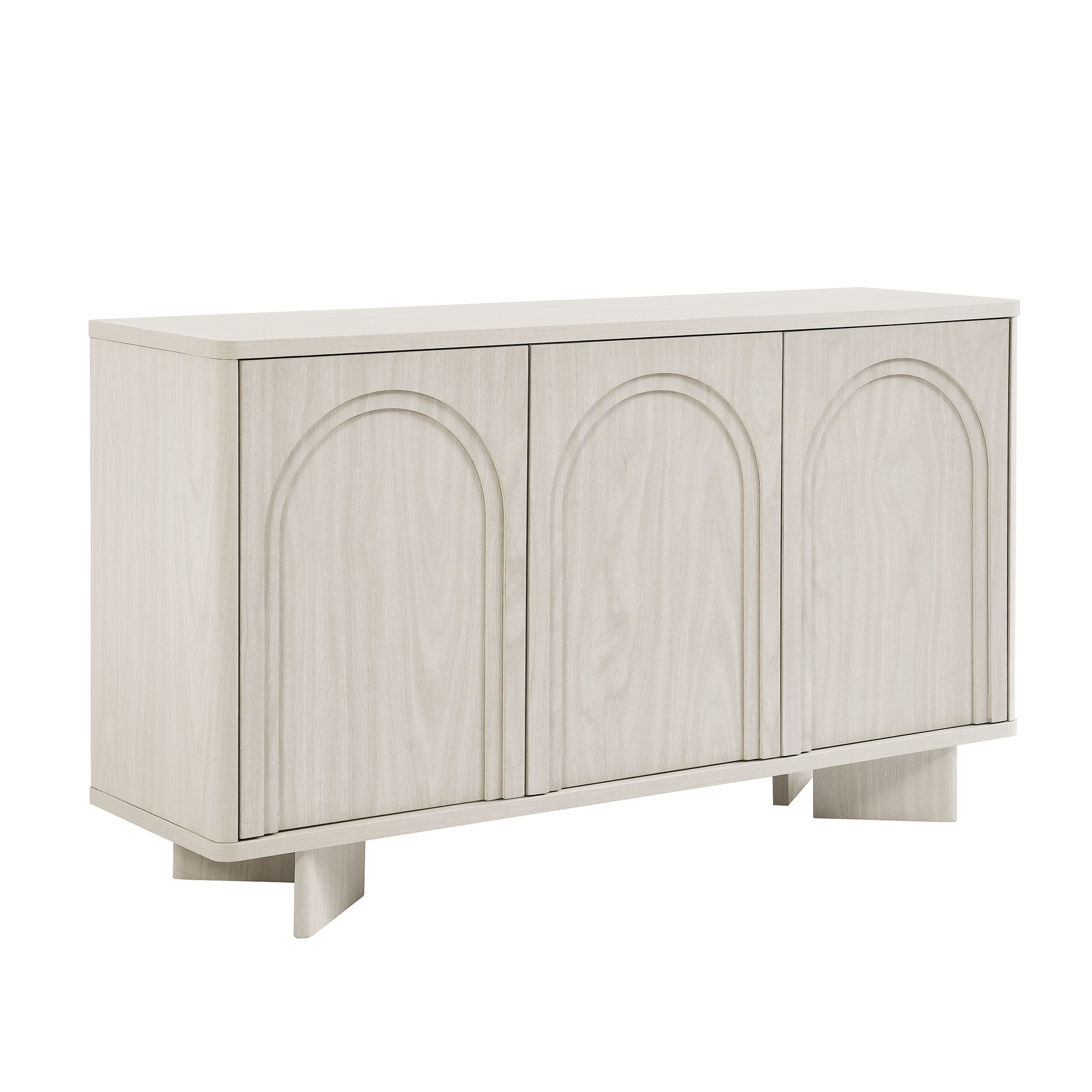 Arched 3-door sideboard storage cabinet in white wash finish with three cabinet doors.