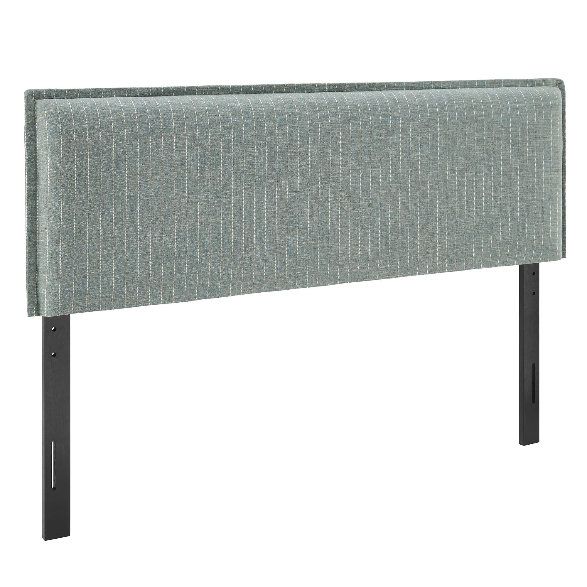 Upholstered headboard in blue-green striped fabric with dark legs and padded top.