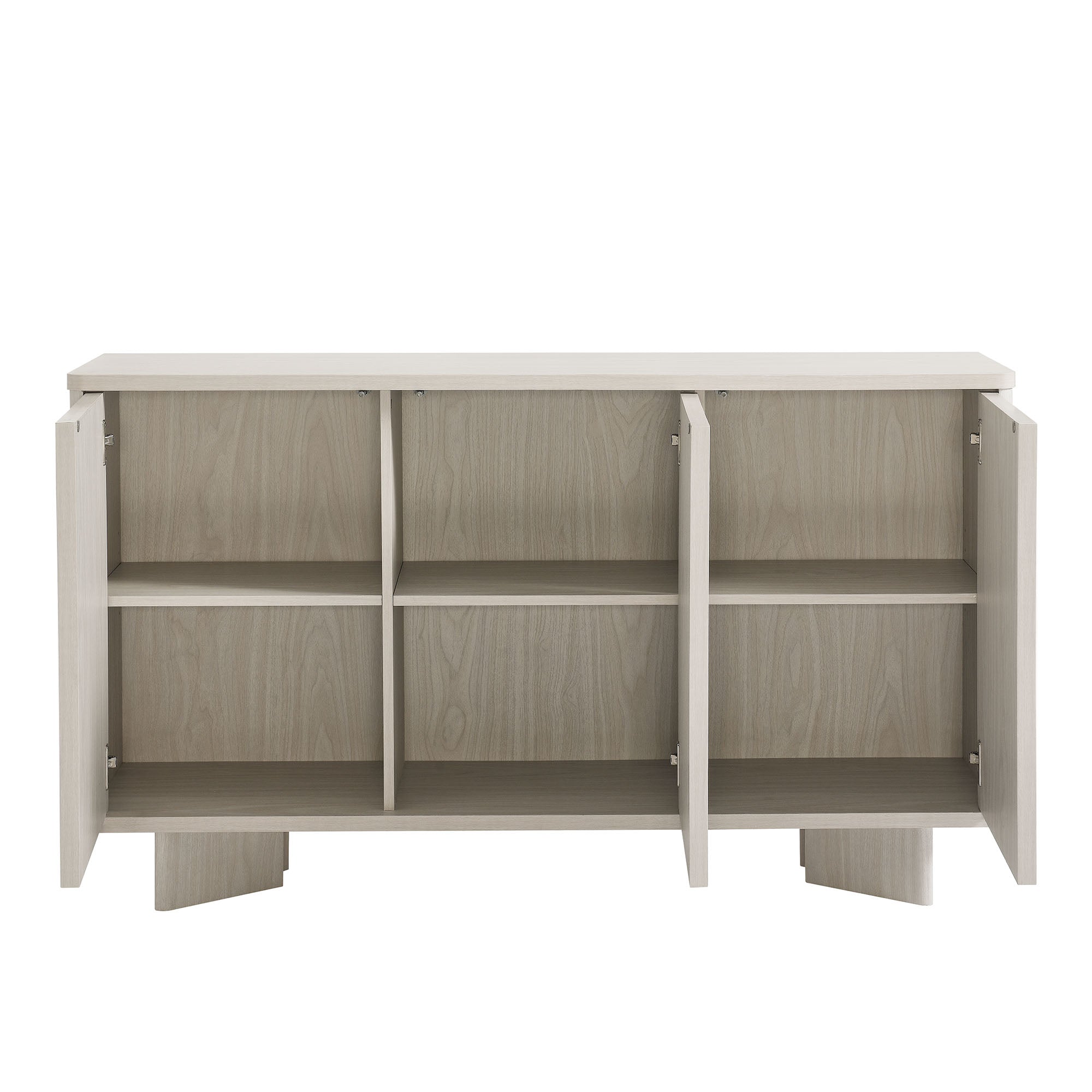 Arched 3-door sideboard storage cabinet in white wash with cabinet doors open to show storage compartments.