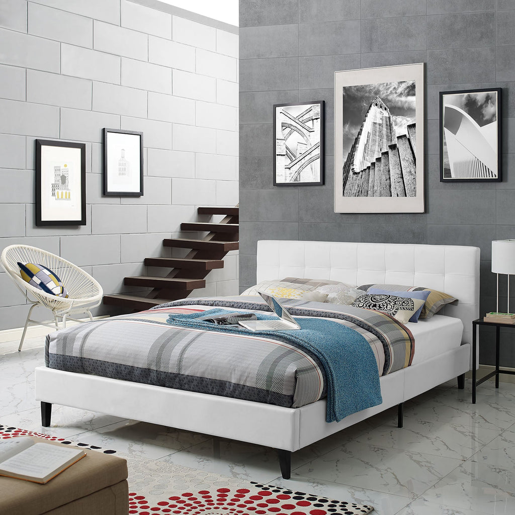 White queen platform bed frame with upholstered headboard, low base, faux leather