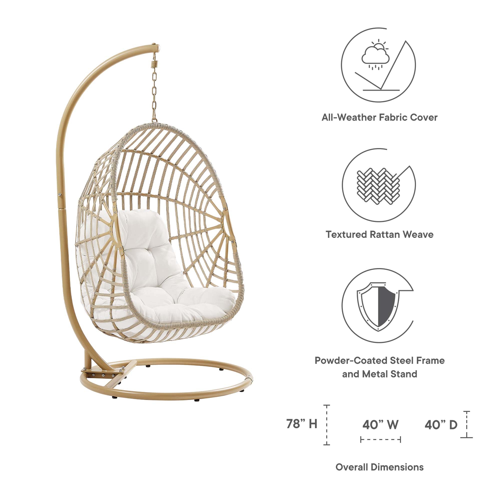 Outdoor hanging wicker swing chair with white cushion and powder-coated metal stand.