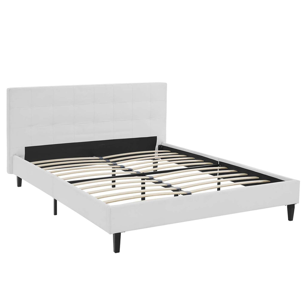 White queen platform bed frame showing slat support through raised base