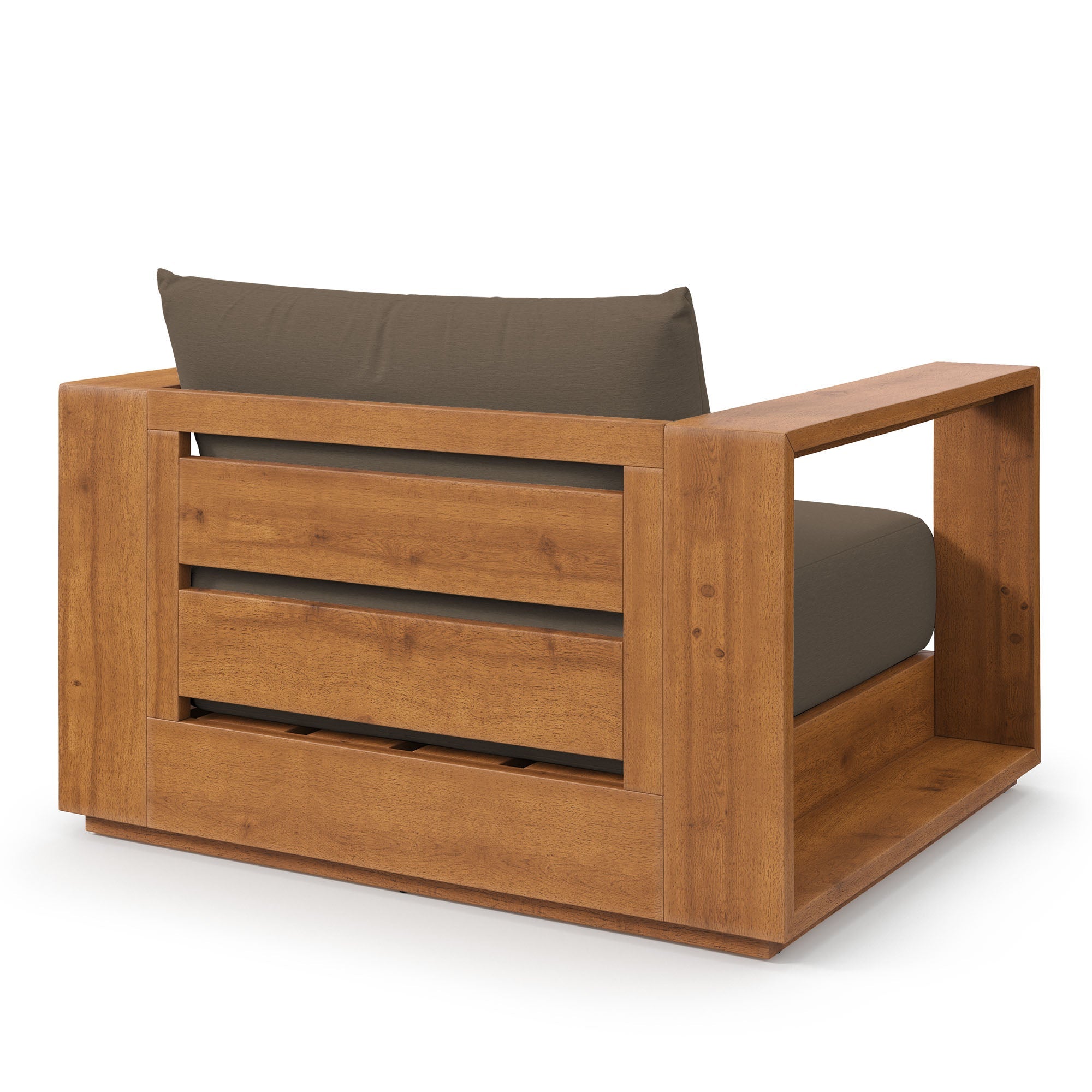 Acacia lounge chair with dark cocoa cushions and horizontal slatted front panel