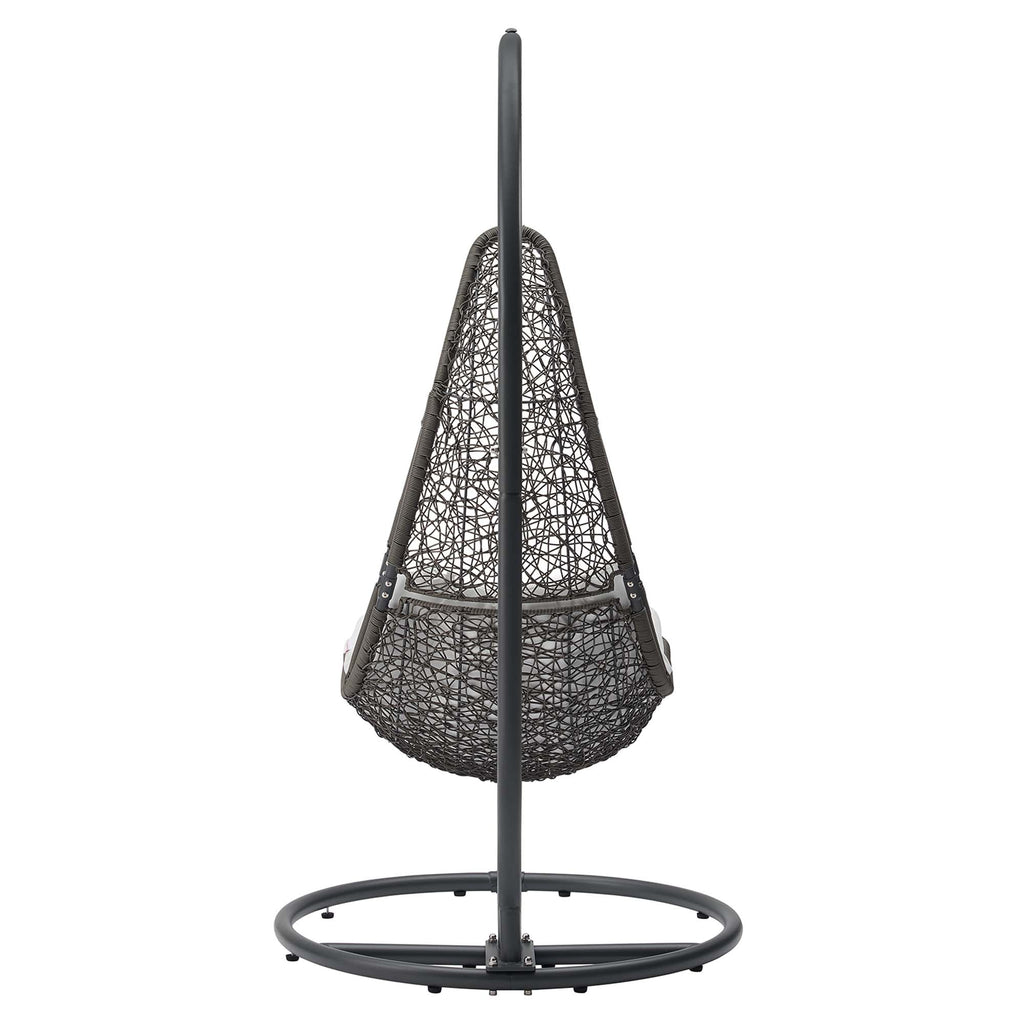 Hanging swing chair stand with black woven teardrop seat and white cushion