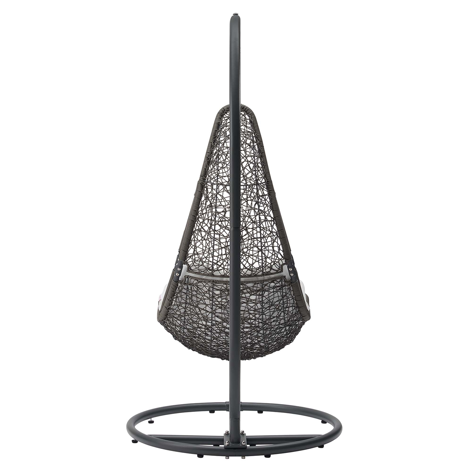 Hanging swing chair stand with black woven teardrop seat and white cushion
