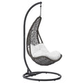 Hanging patio swing chair with gray curved stand and black woven seat with white cushion