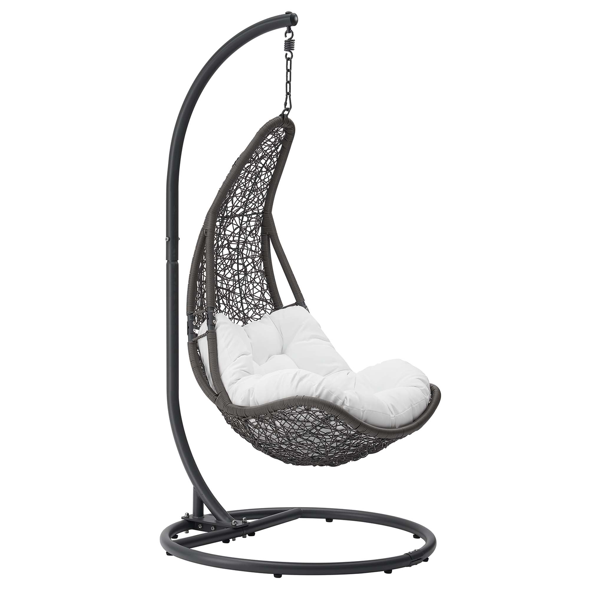 Hanging patio swing chair with gray curved stand and black woven seat with white cushion