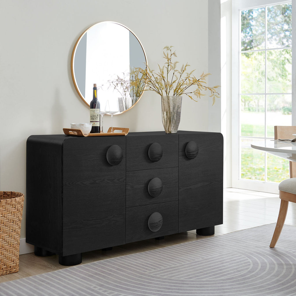 Black sideboard cabinet with curved legs and round knob doors, retro storage design
