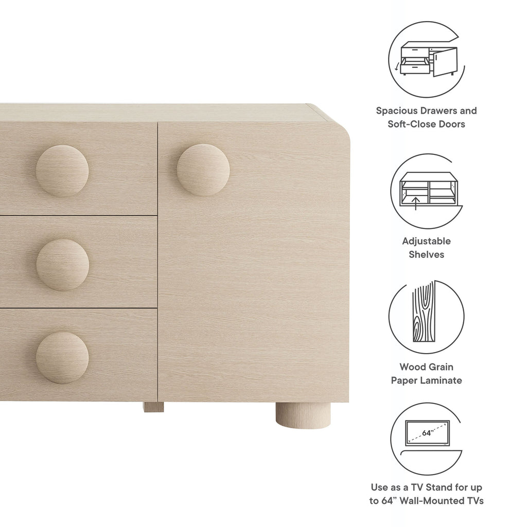 Ash sideboard cabinet with soft-close drawers and round knobs, adjustable shelves storage