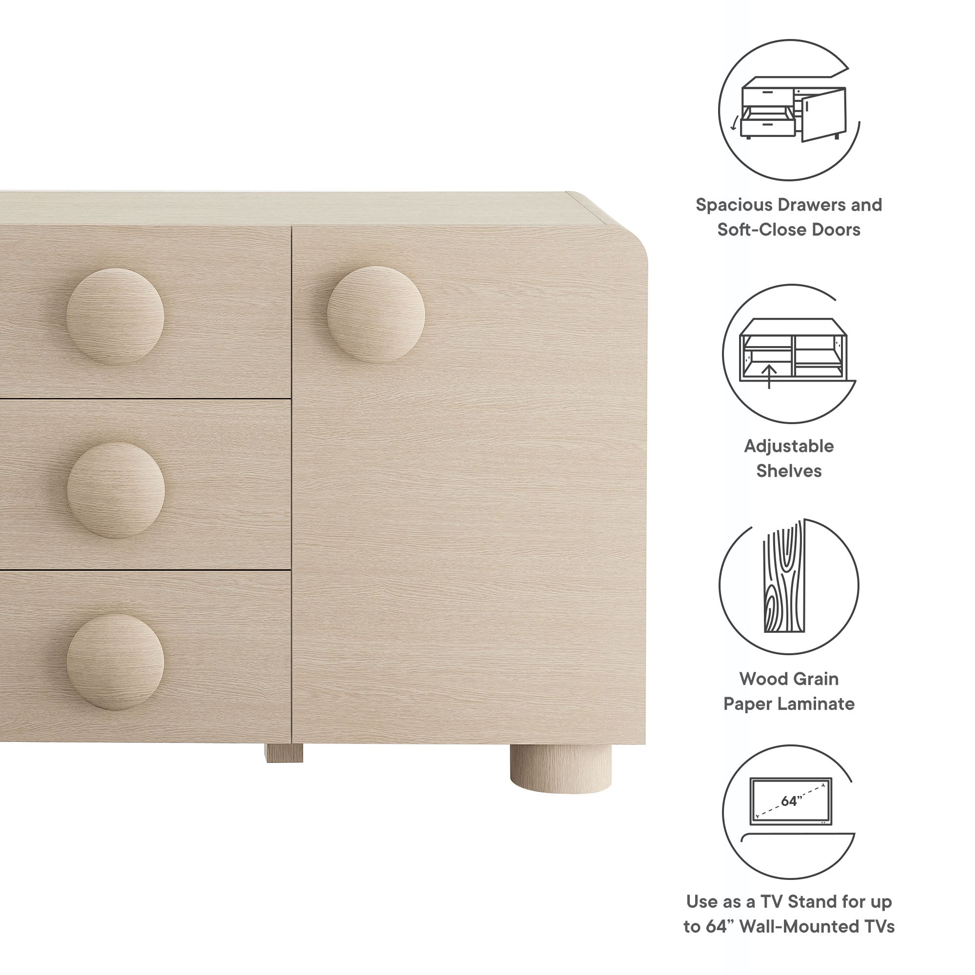 Ash sideboard cabinet with soft-close drawers and round knobs, adjustable shelves storage