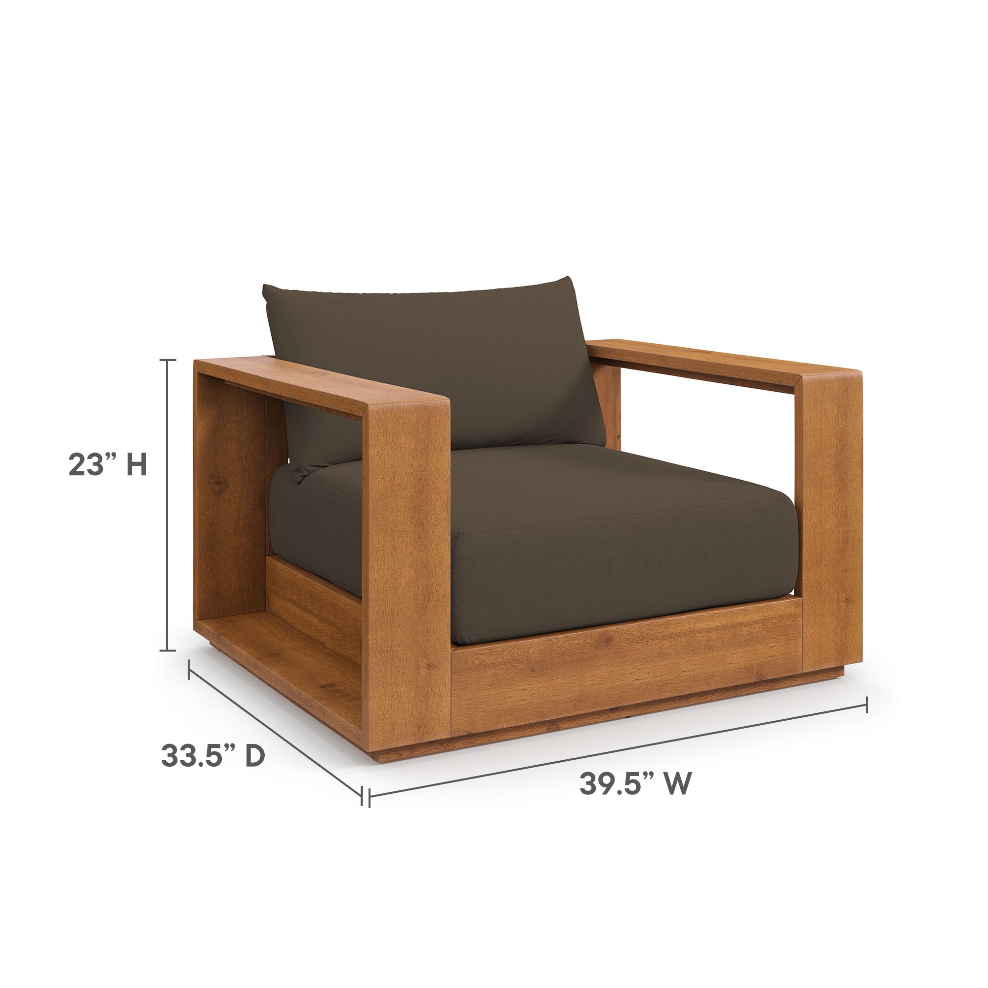 Acacia wood outdoor armchair and ottoman set with dark fabric cushion pads