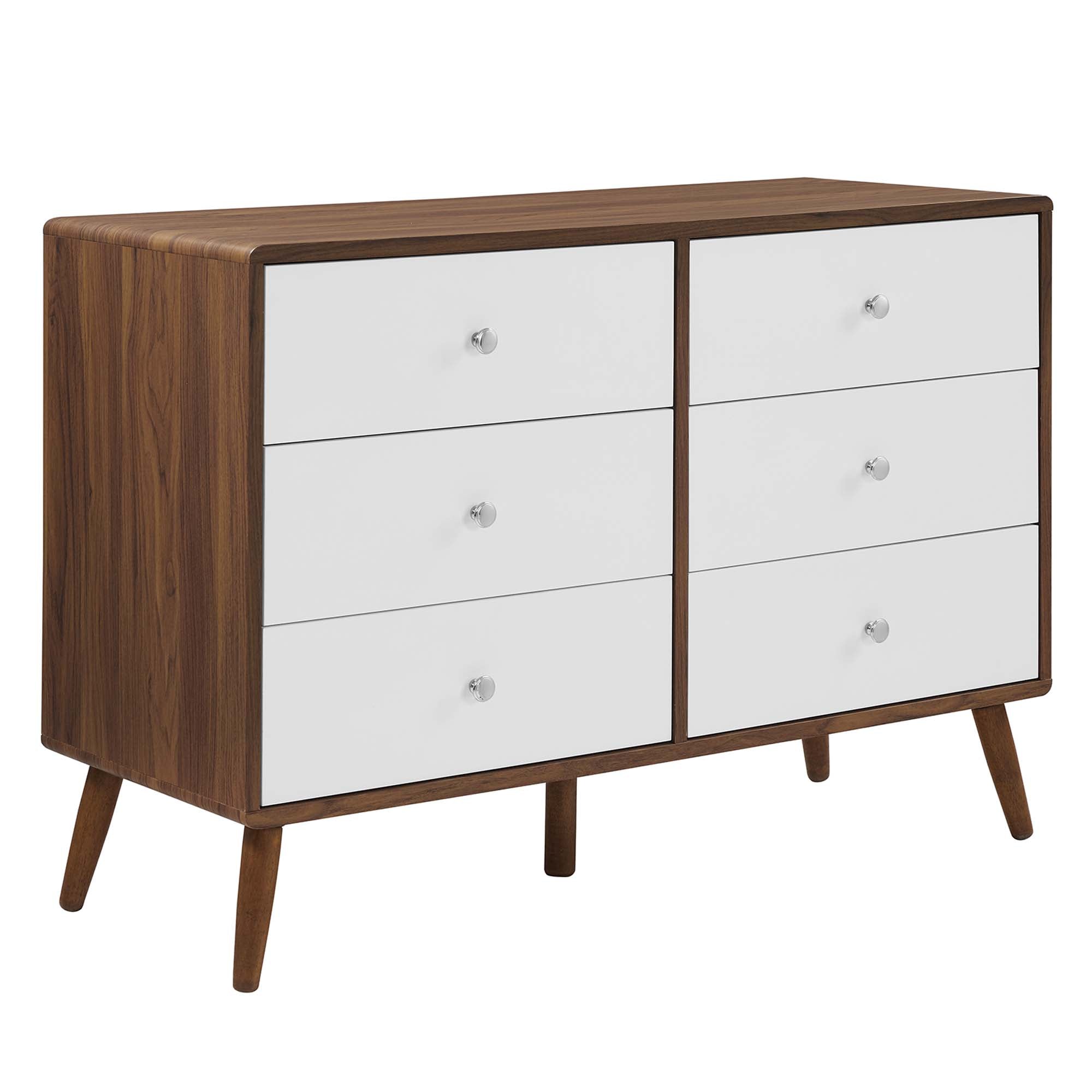 Walnut and white mid-century dresser with six drawers and round metal knobs