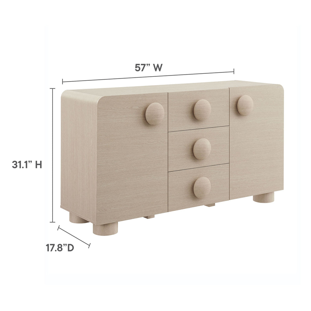 Ash retro sideboard cabinet with curved top, round knobs, two-door and drawer layout