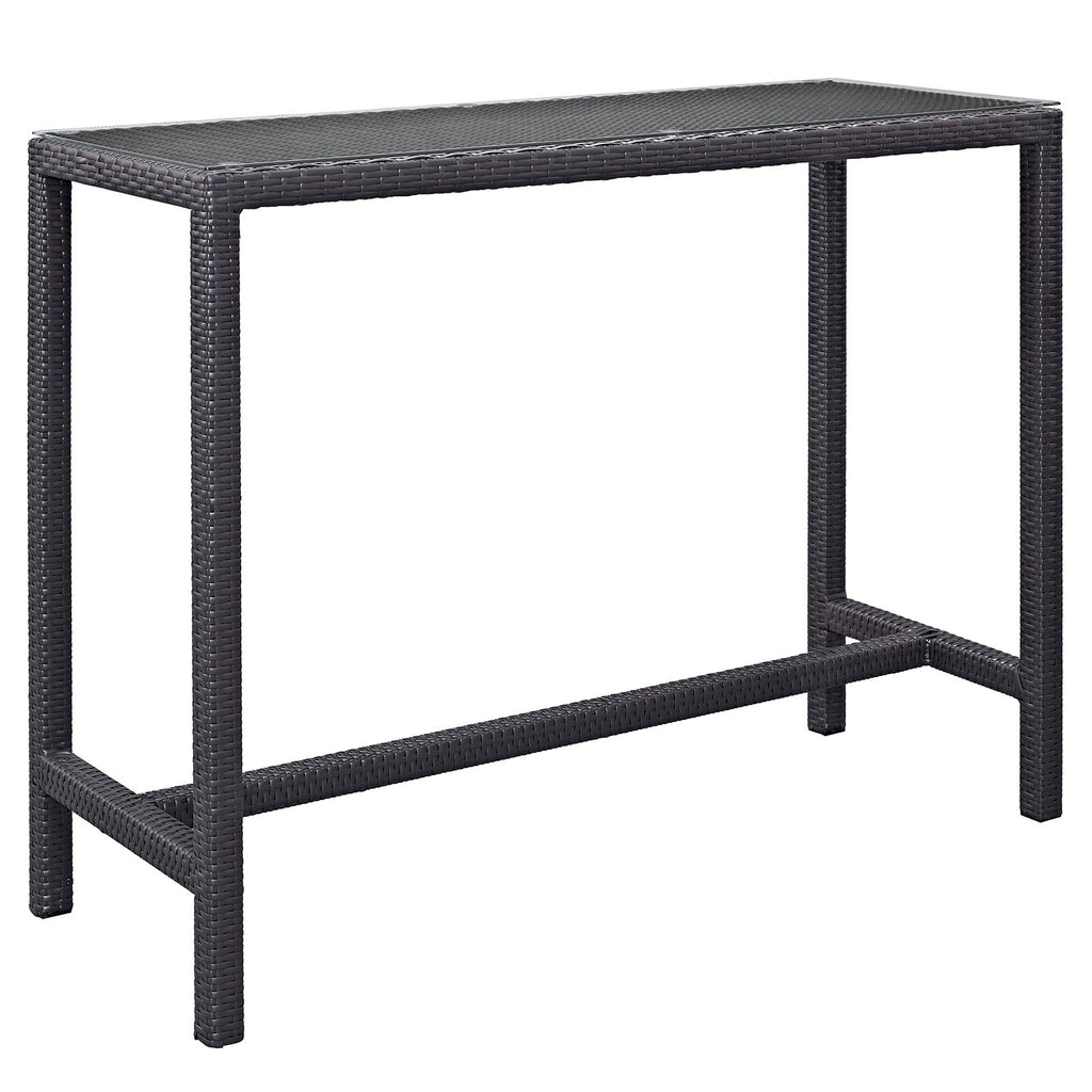 Outdoor patio bar table with dark espresso rattan weave, rectangular tabletop and legs