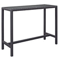 Outdoor patio bar table with dark espresso rattan weave, rectangular tabletop and legs