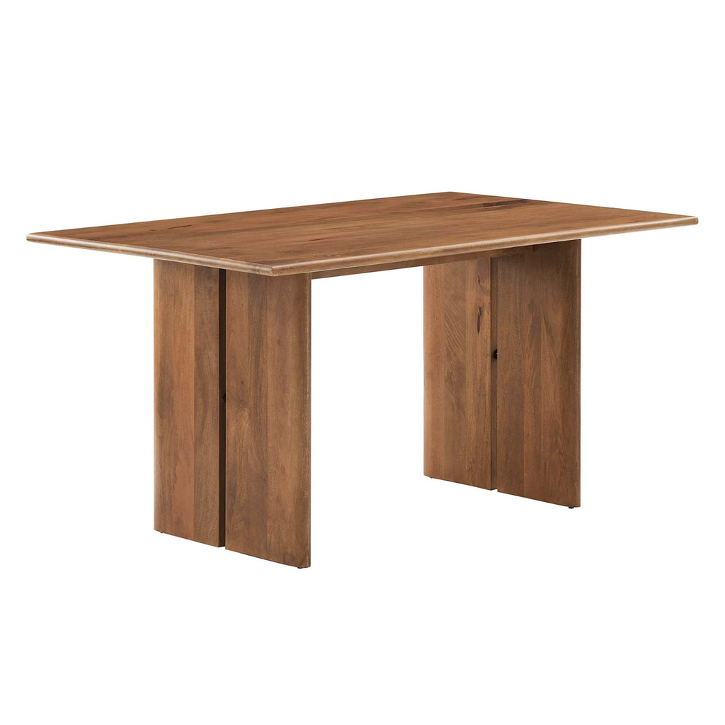 Walnut rectangular wood dining table with smooth tabletop and angled legs