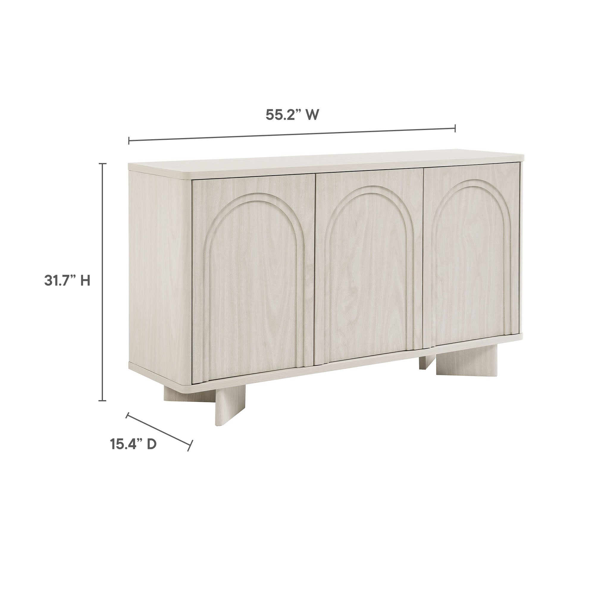 Arched 3-door sideboard storage cabinet in white wash with curved door panels and tapered legs.