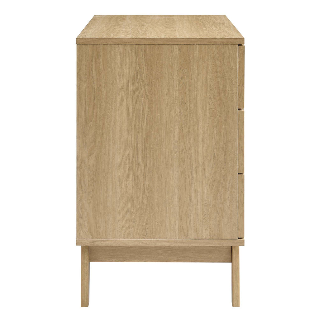 3-drawer wood dresser in natural oak, side view with drawer pulls