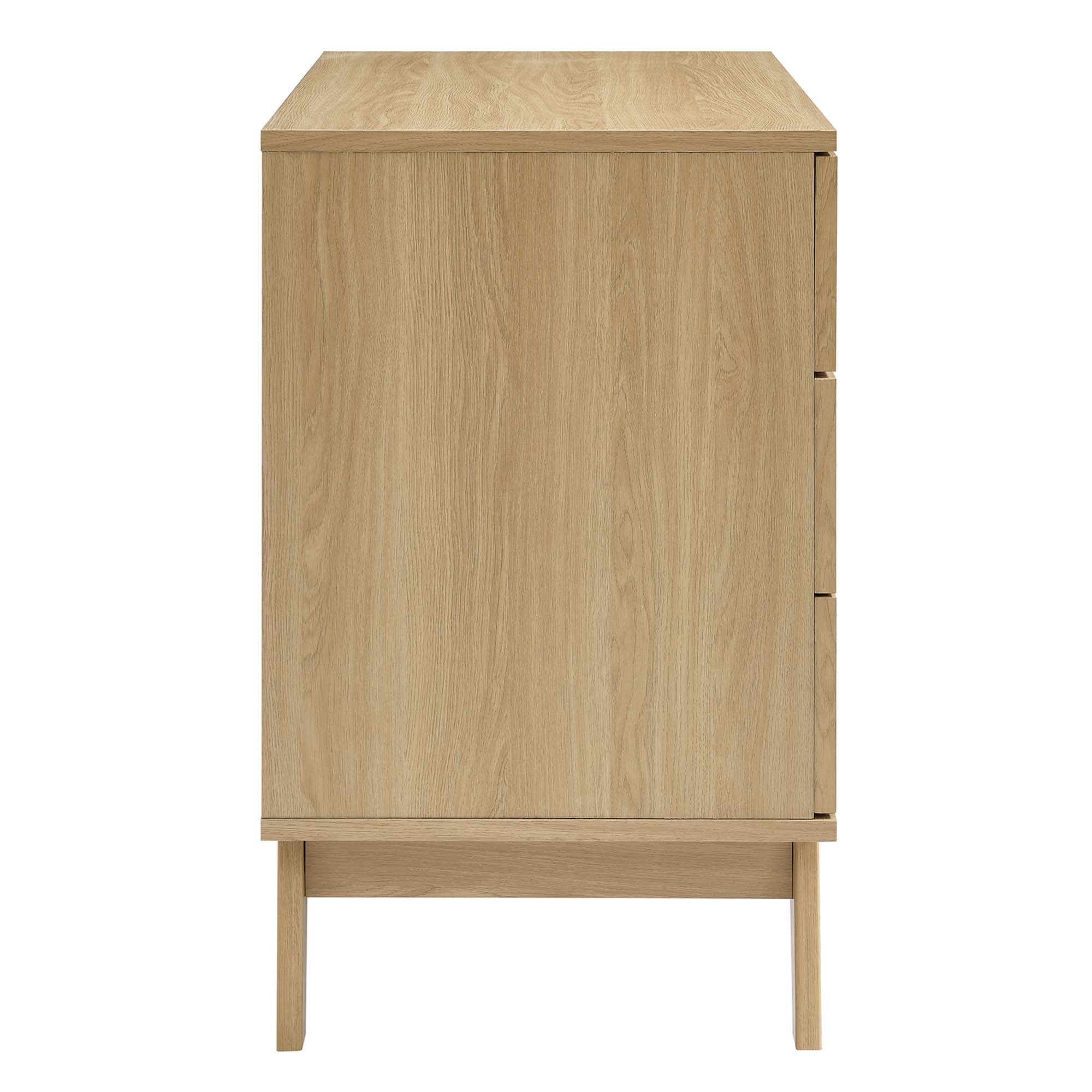 3-drawer wood dresser in natural oak, side view with drawer pulls