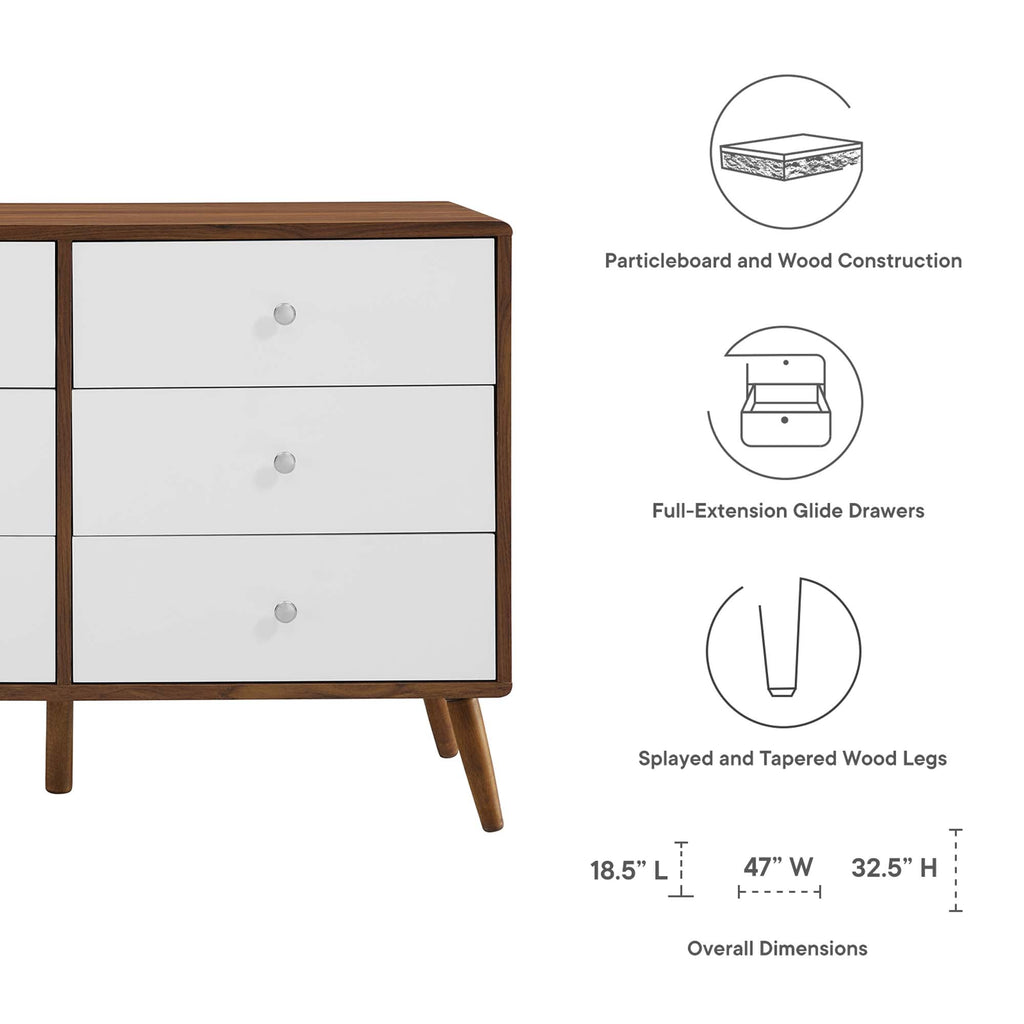 Dresser features diagram showing particleboard/wood build, full-extension drawers, legs