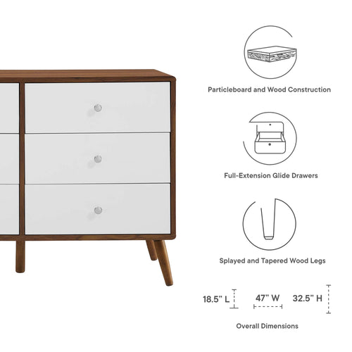 Dresser features diagram showing particleboard/wood build, full-extension drawers, legs