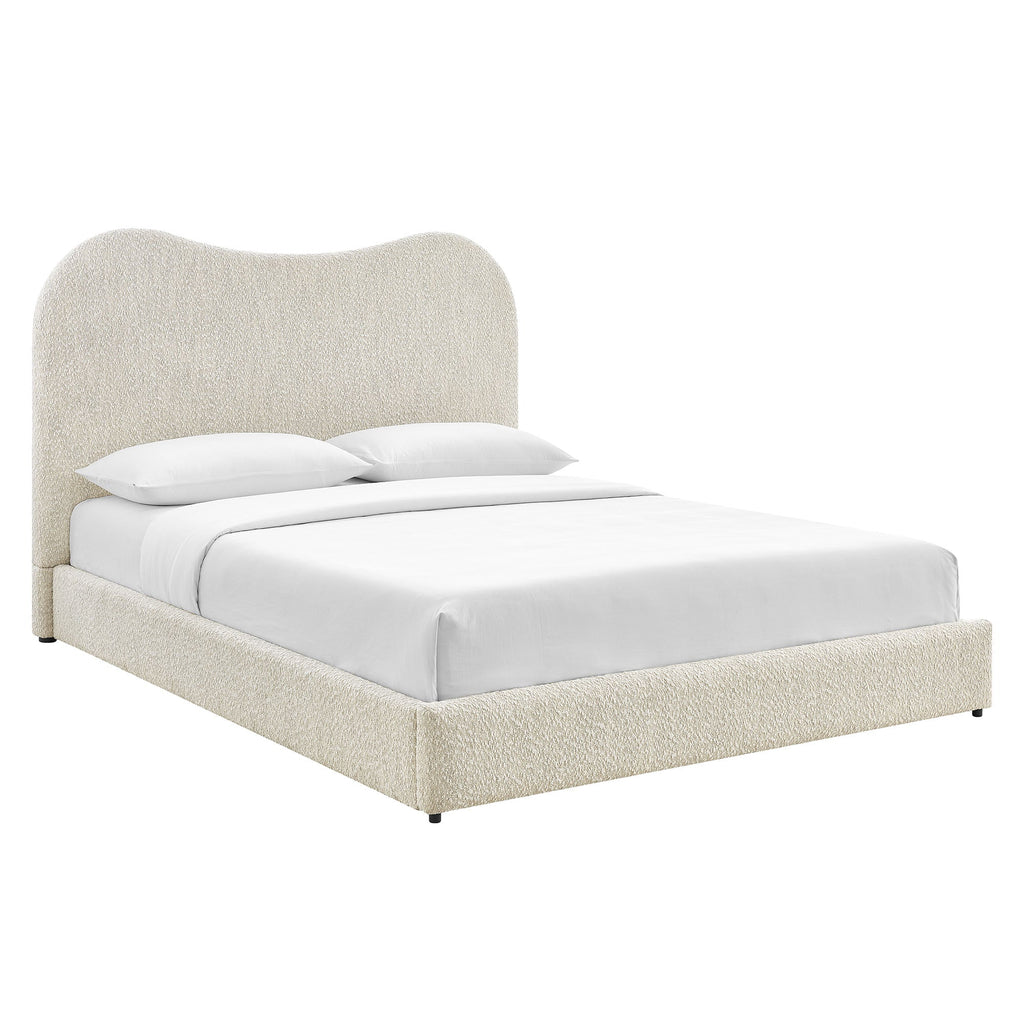 Queen platform bed frame with boucle upholstered curved headboard, pearl fabric