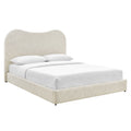 Queen platform bed frame with boucle upholstered curved headboard, pearl fabric