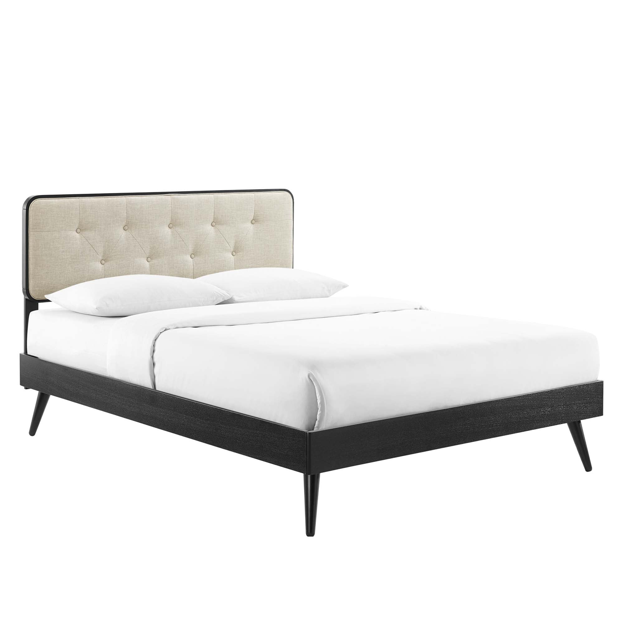 Wood platform bed frame with splayed legs, light beige tufted headboard and dark charcoal frame