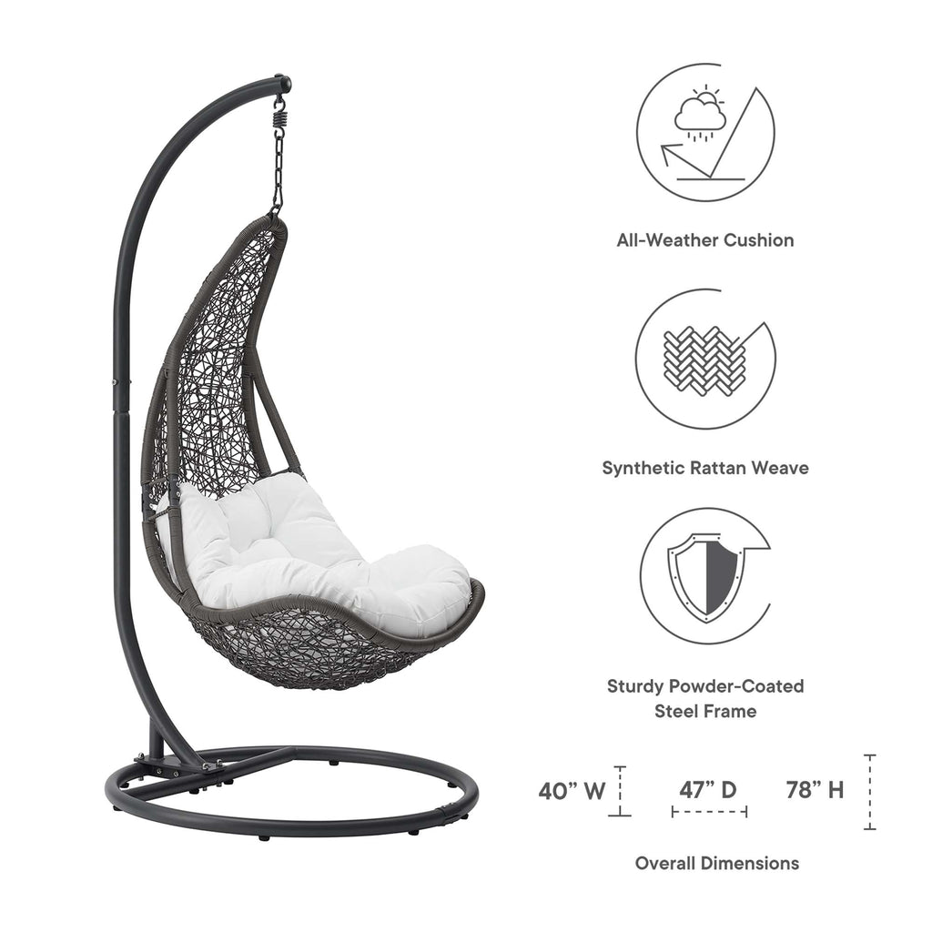 Hanging swing chair with black synthetic rattan weave seat and all-weather white cushion