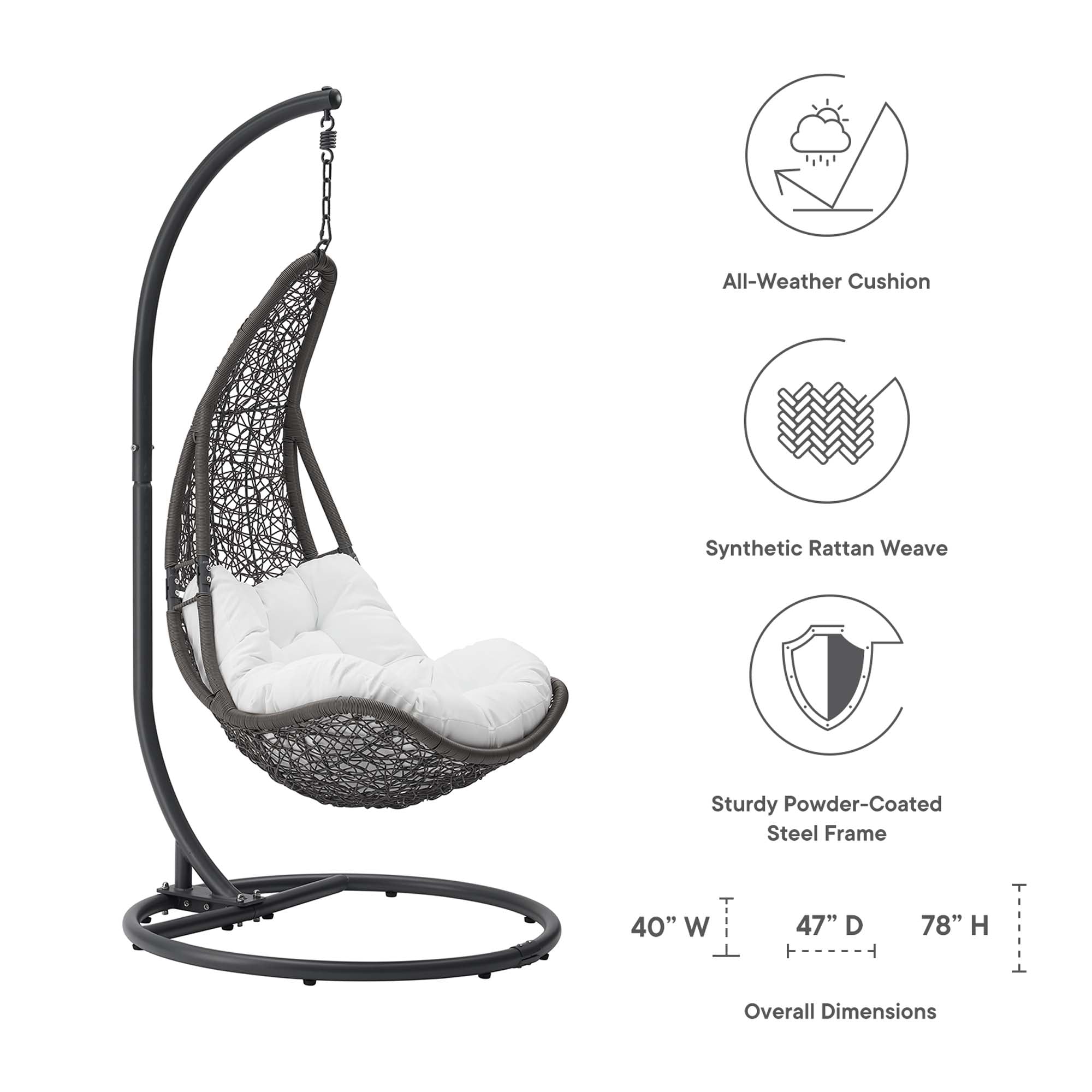 Hanging swing chair with black synthetic rattan weave seat and all-weather white cushion