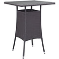 Outdoor bar table with rattan weave, dark espresso, tapered metal legs
