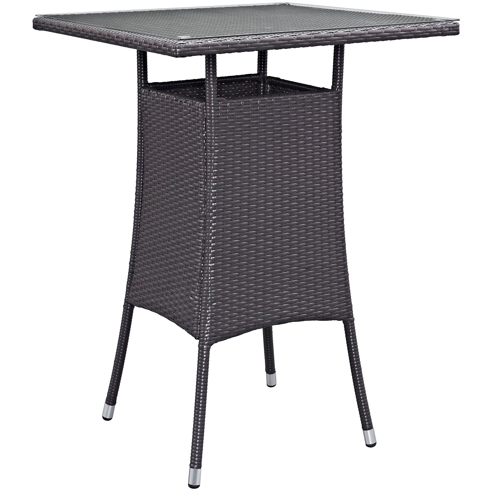 Outdoor bar table with rattan weave, dark espresso, tapered metal legs