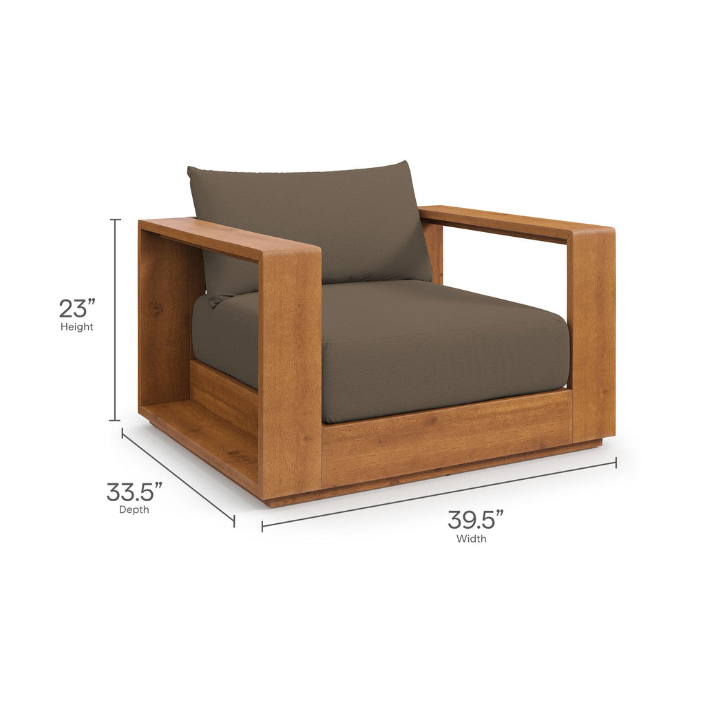 Outdoor patio acacia lounge chair with dark cocoa seat and back cushions, size markers