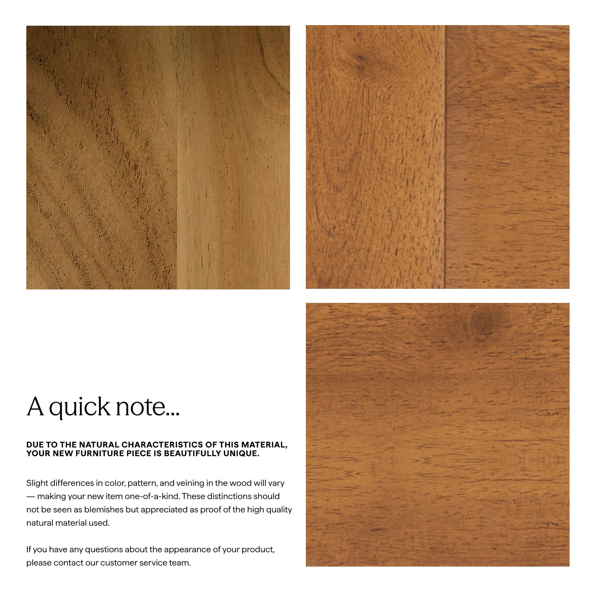 Acacia wood finish sample panels with visible natural grain variations
