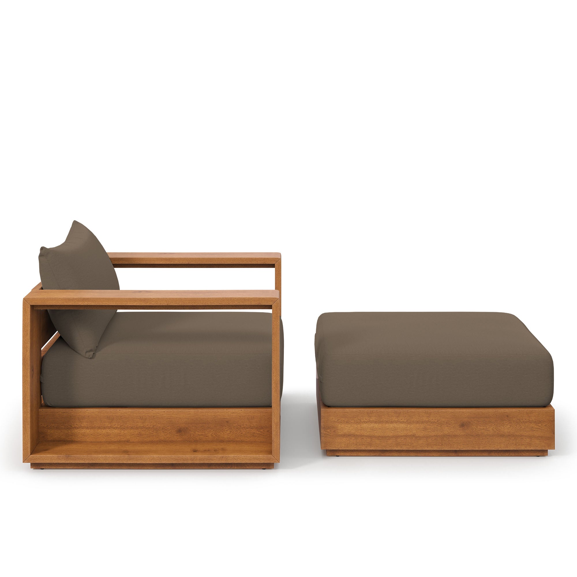 Acacia wood outdoor armchair and ottoman set with dark cushions, side view