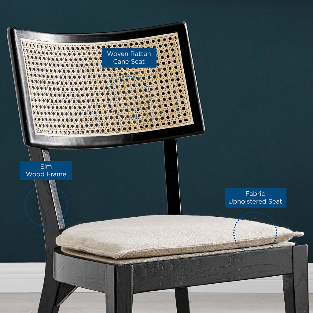 Wood dining chair with woven rattan cane backrest and upholstered beige seat