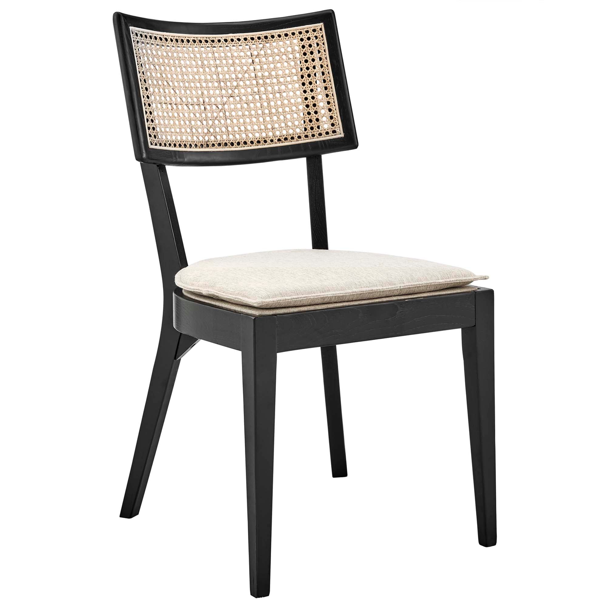 Wood dining chair with rattan cane back and beige upholstered seat, black finish