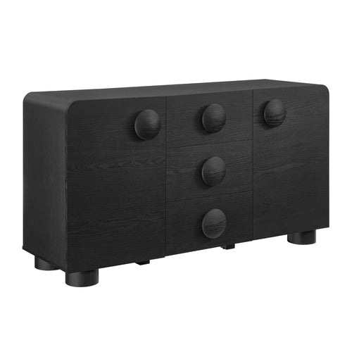 Black retro sideboard cabinet with curved sides and knob doors, six storage compartments