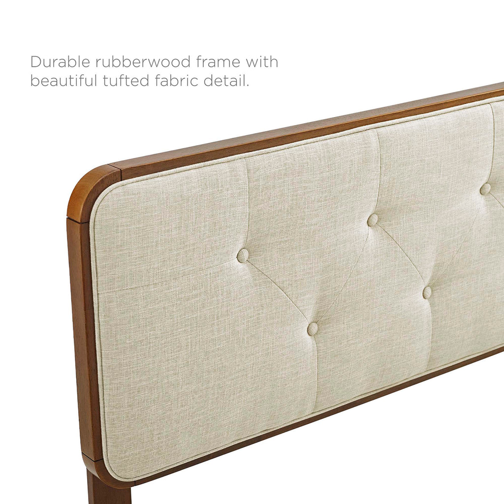 Wood platform bed frame, beige tufted upholstered headboard with curved wood trim