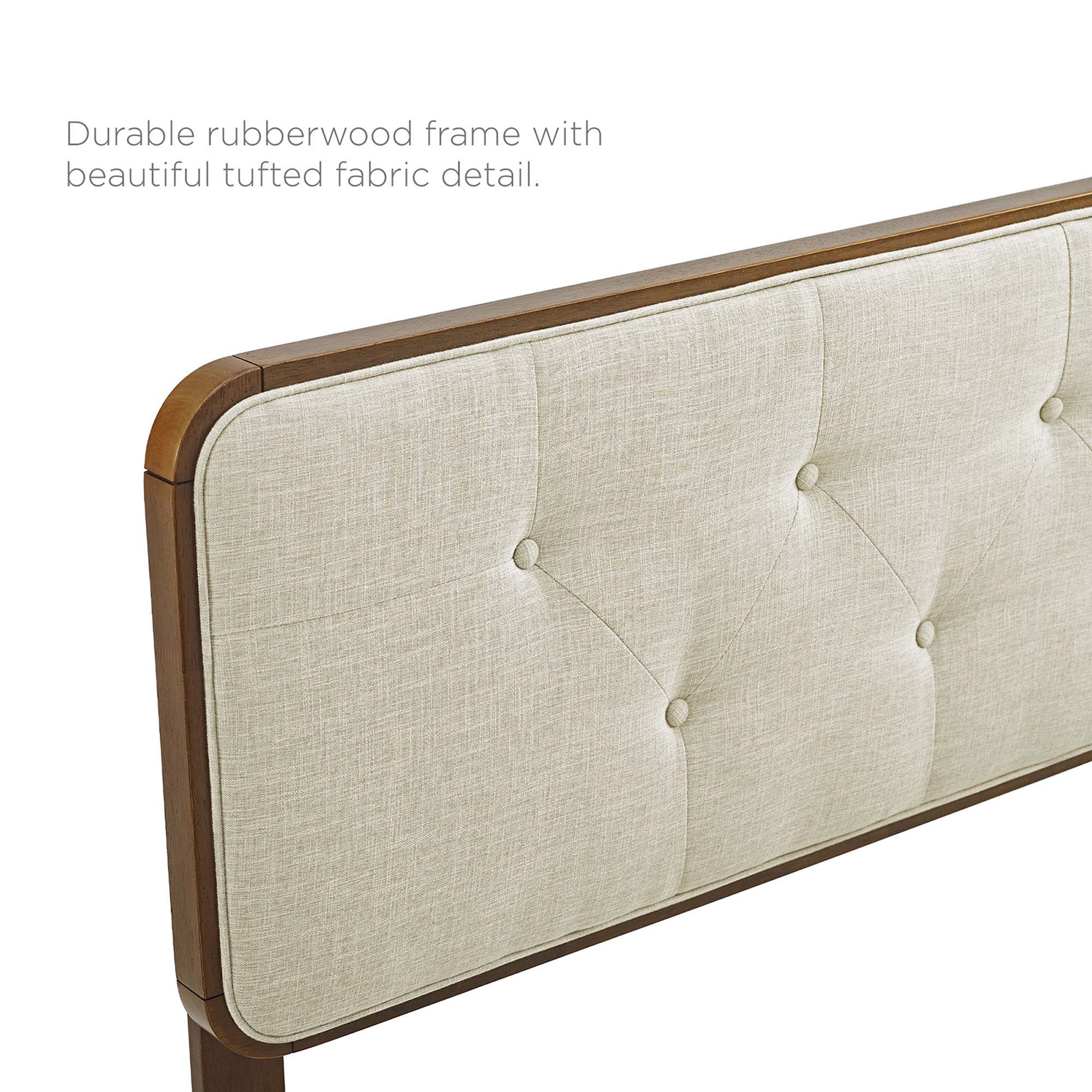 Wood platform bed frame, beige tufted upholstered headboard with curved wood trim