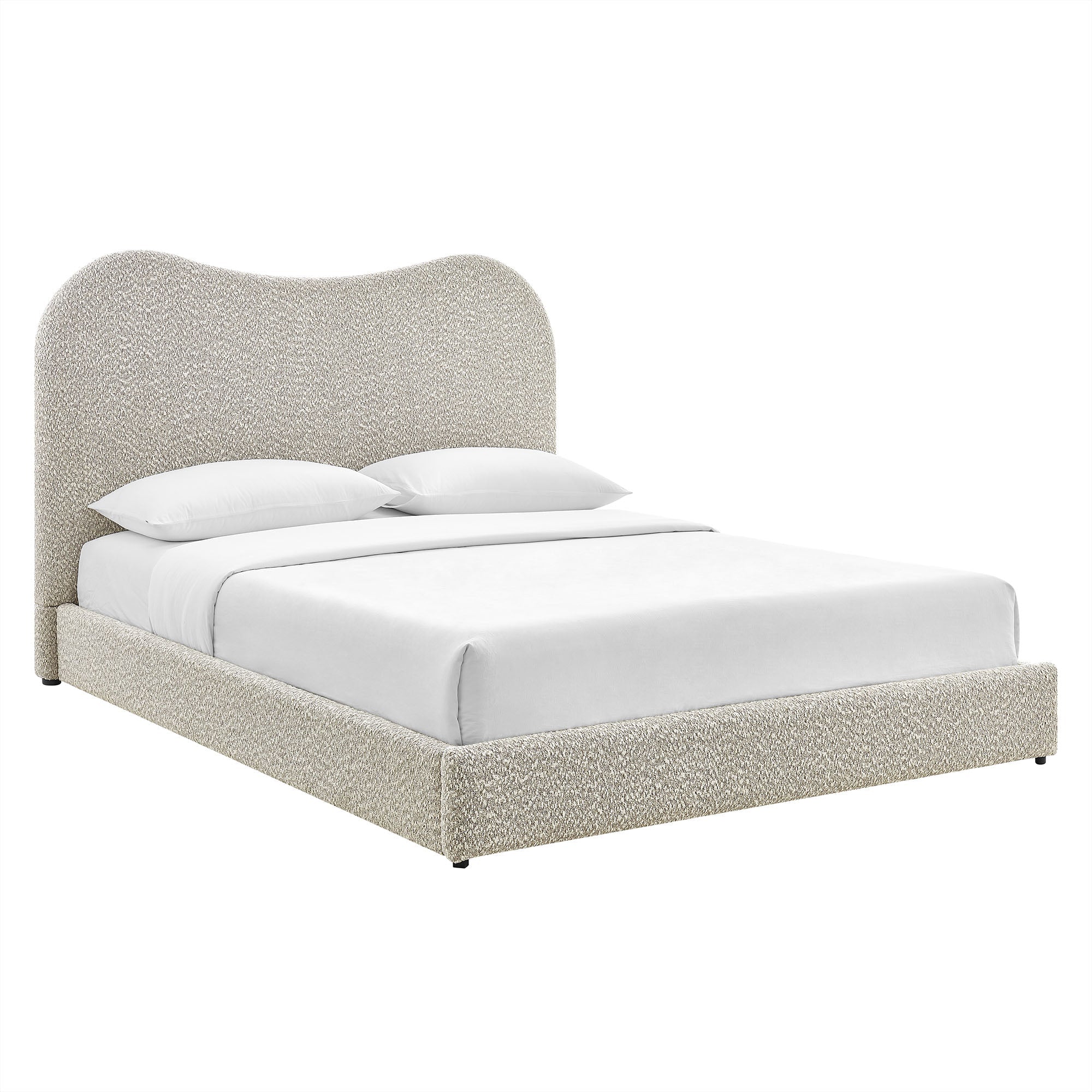 Queen platform bed frame with boucle upholstered curved headboard, dark rock fabric