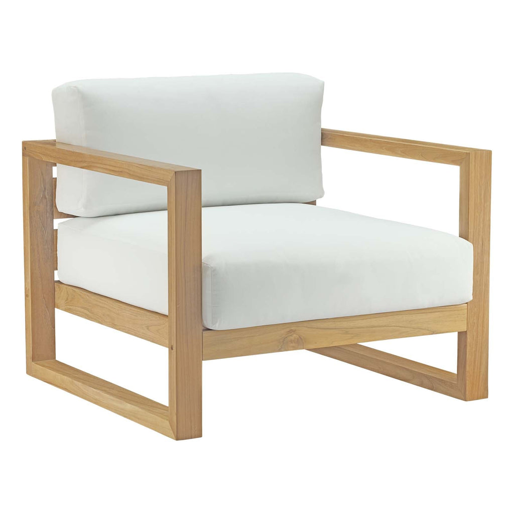 Outdoor patio teak armchair with white seat and back cushions, light wood frame