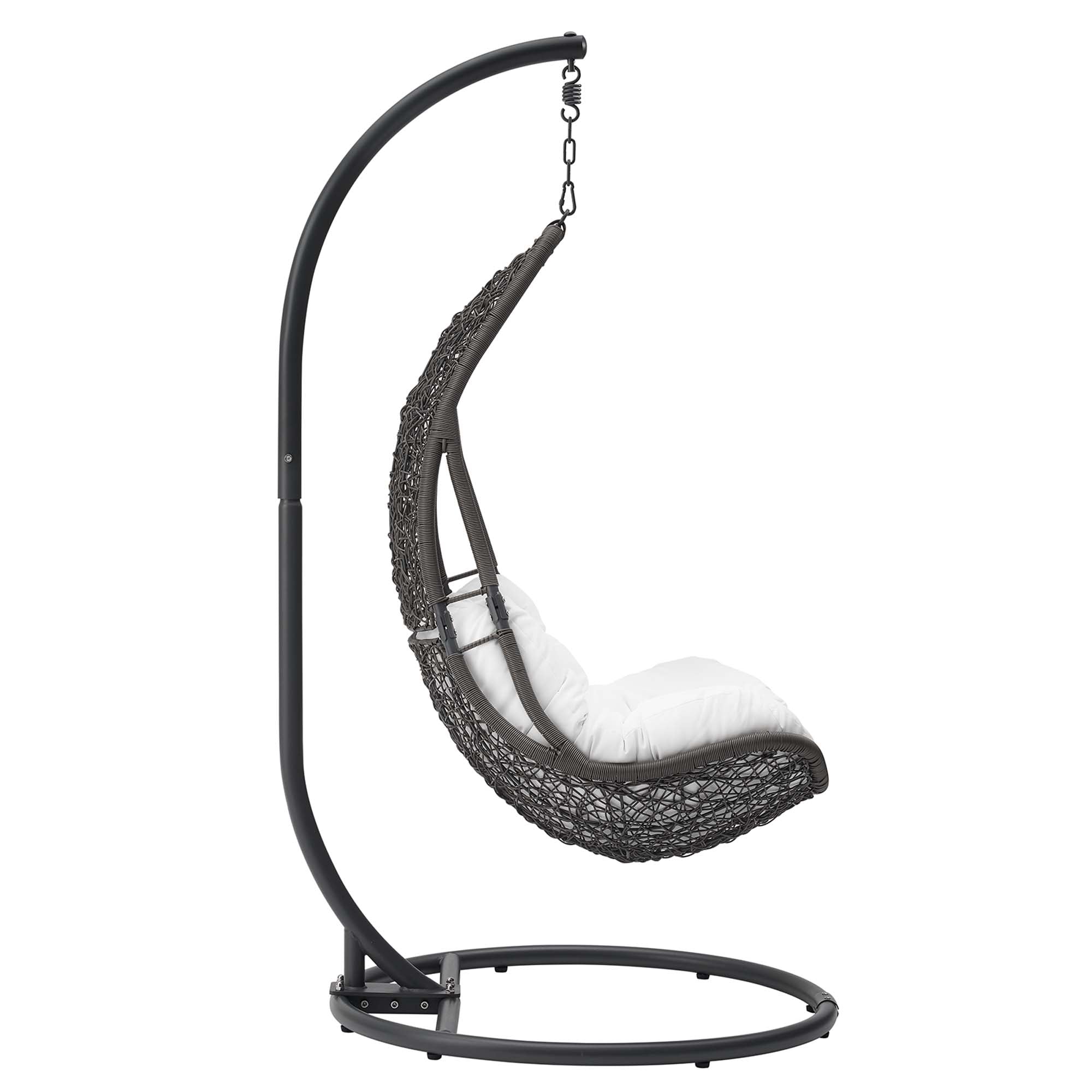 Hanging swing chair with dark gray frame, black woven pod seat, and white cushion
