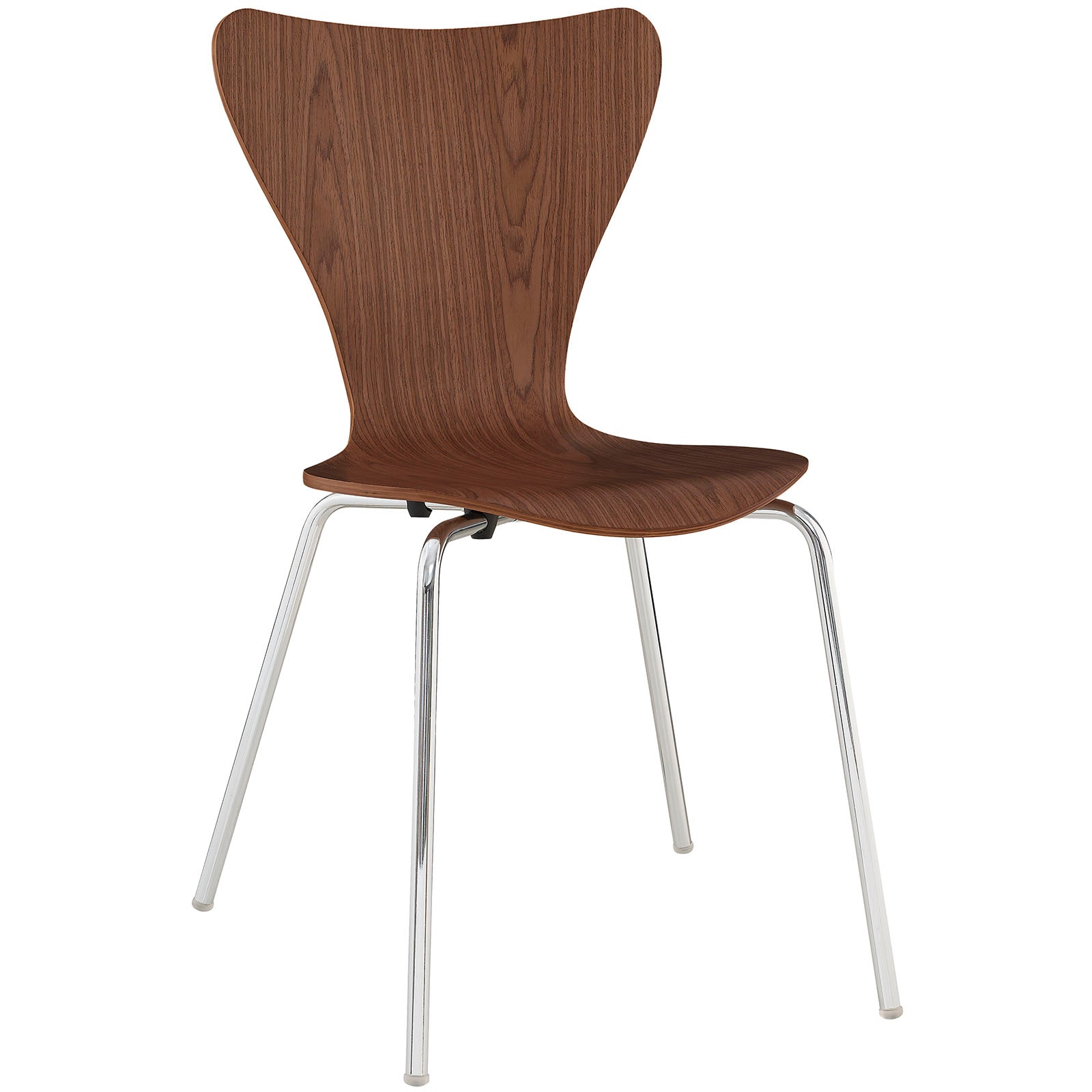 Walnut wood dining side chair, curved back, molded seat, metal legs