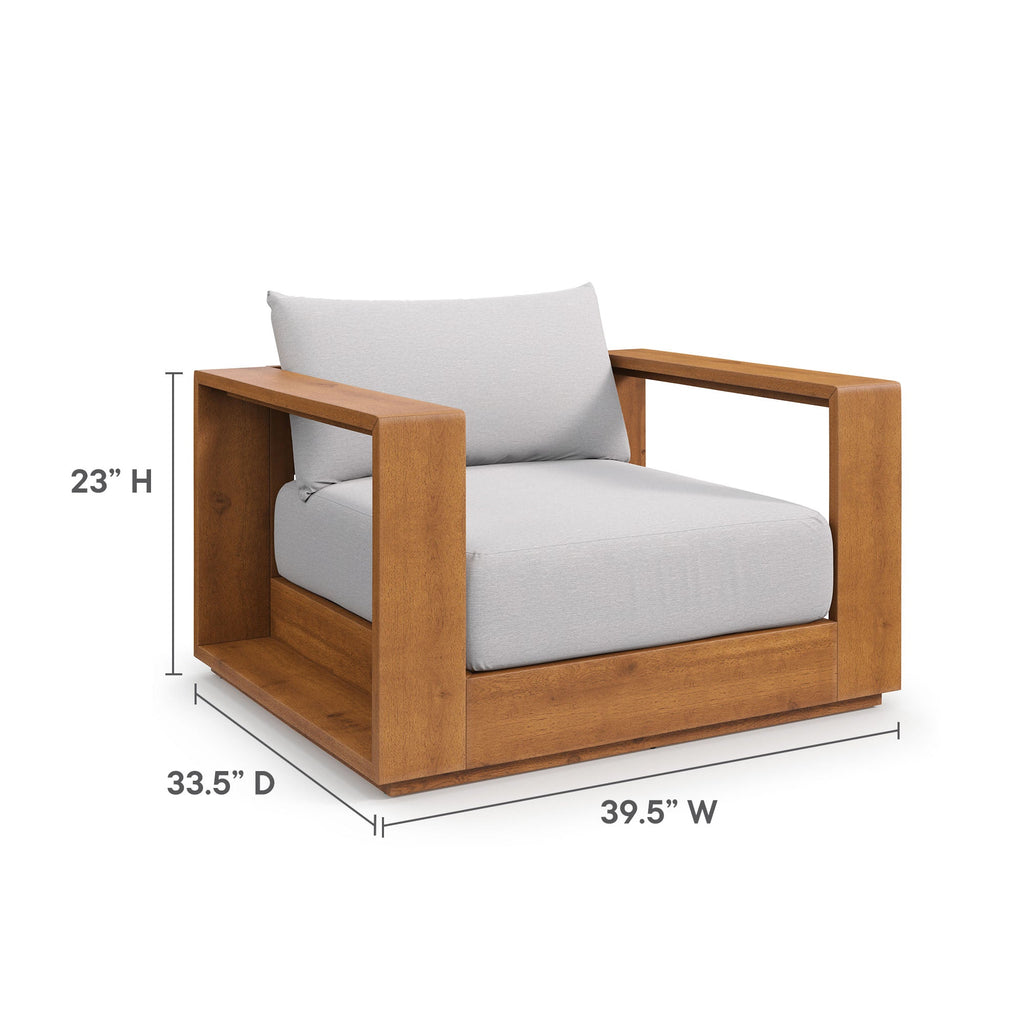 Outdoor patio acacia lounge chair with light gray seat and back cushions, size markers