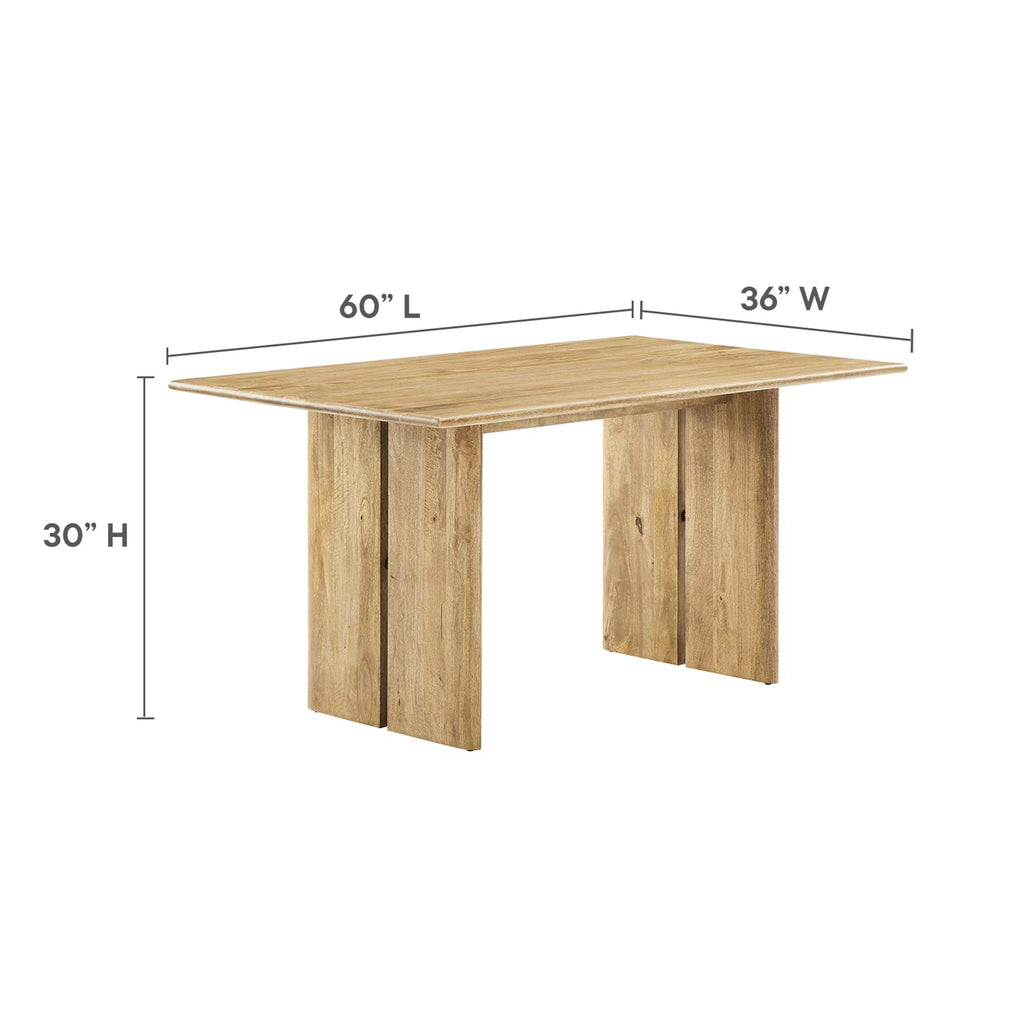 Rectangular wood dining table dimensions: 60 in L, 36 in W, 30 in H