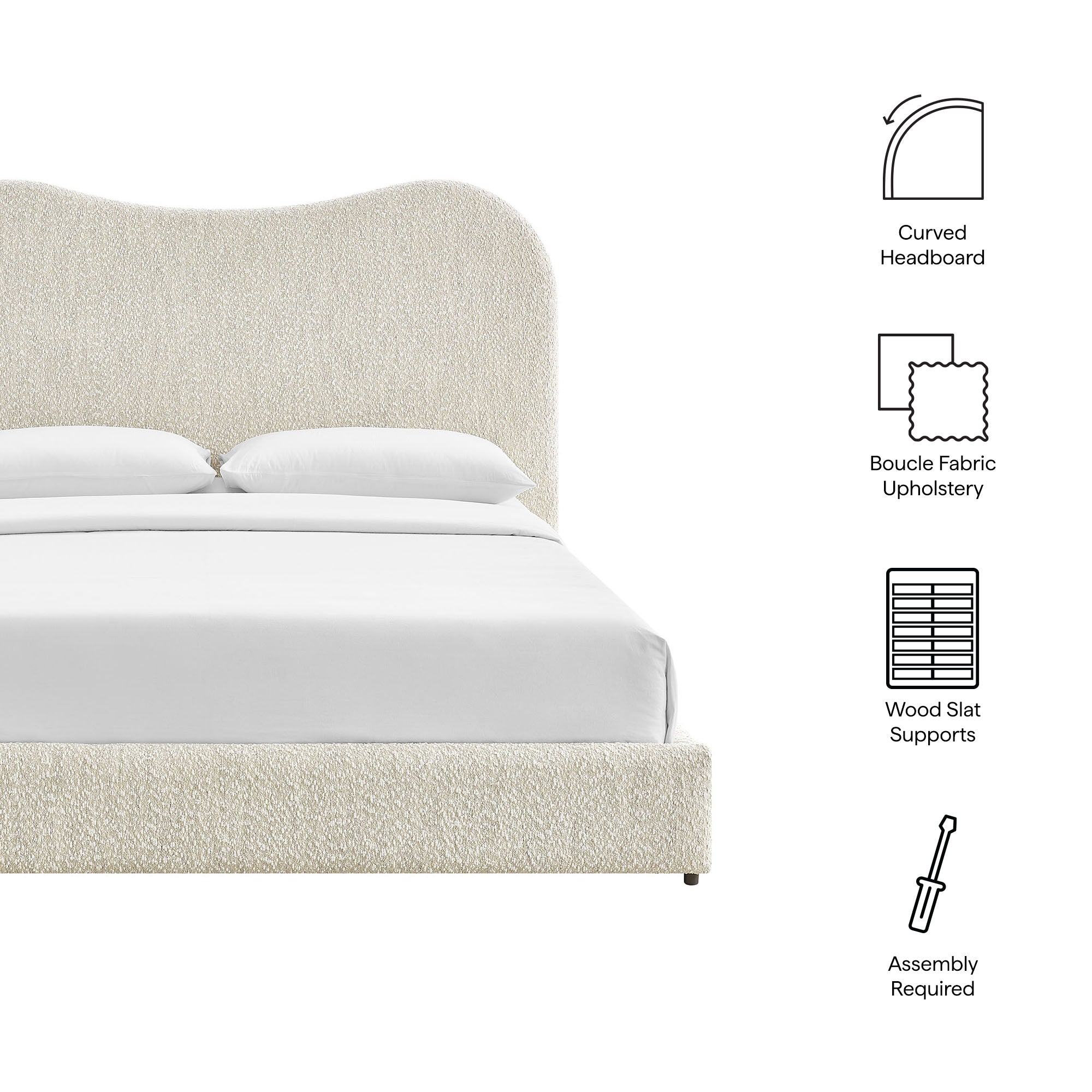 Boucle upholstered queen bed with curved headboard and wood slat support