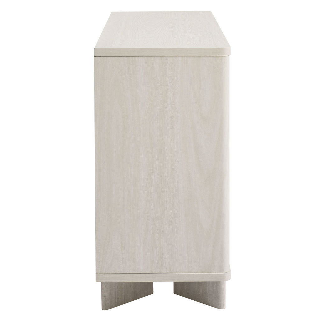 Tall end view of arched 3-door sideboard storage cabinet in white wash with sturdy legs.