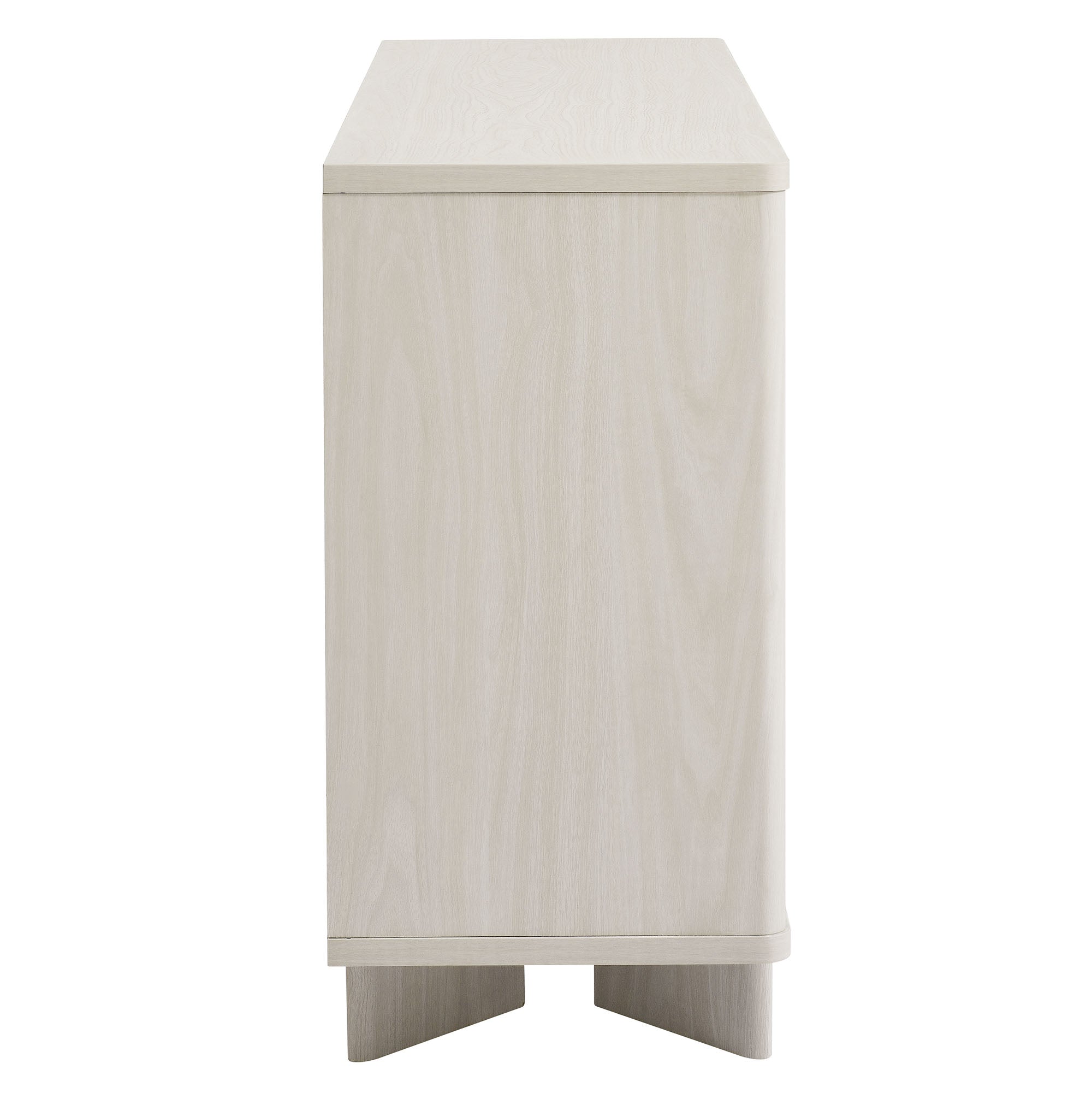 Tall end view of arched 3-door sideboard storage cabinet in white wash with sturdy legs.